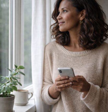 Woman holding a phone and looking out a window